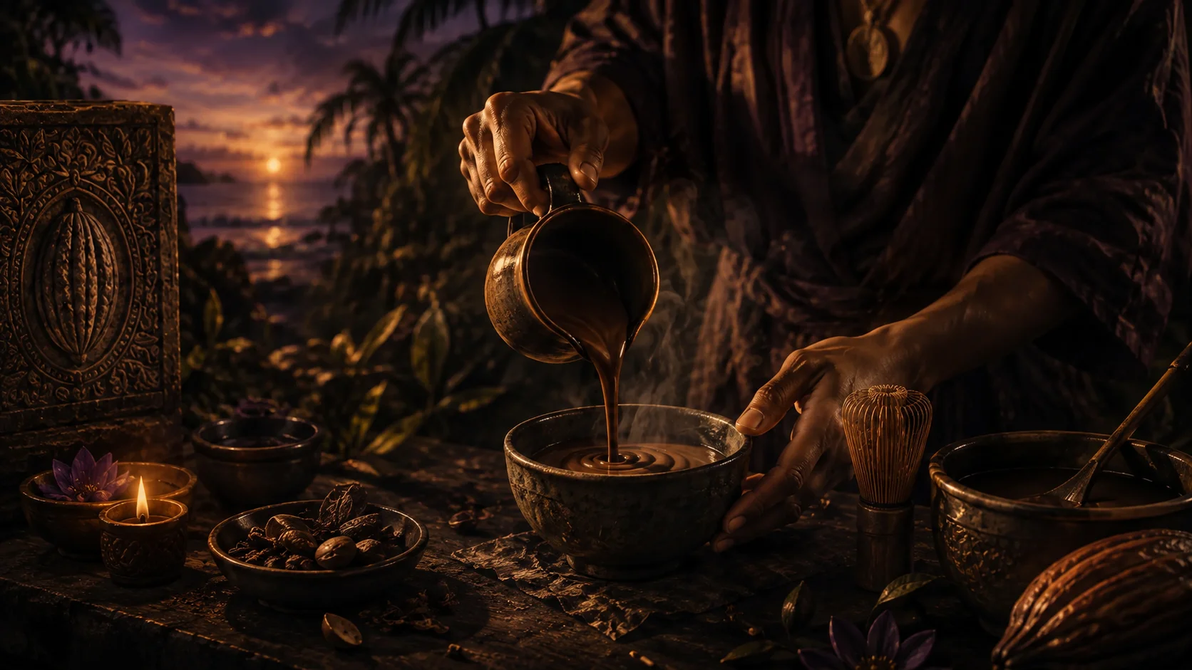 Cacao being poured and prepared by hand at tropical sunset