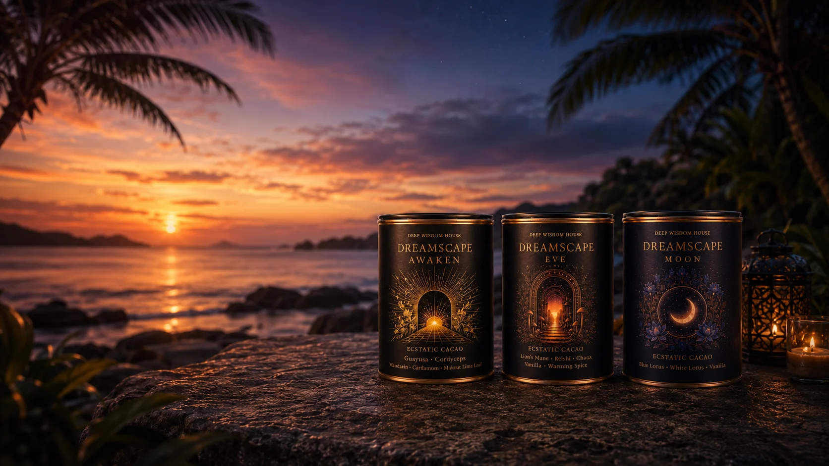 Three Dreamscape Ecstatic Cacao canisters in luminous tropical dusk