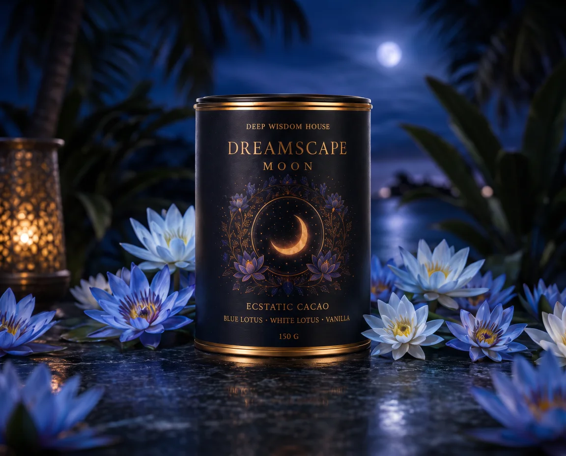 Dreamscape Moon canister with blue and white lotus under moonlight
