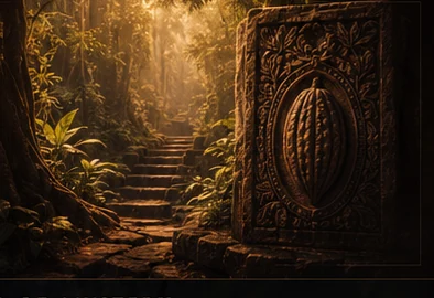 A luminous forest passage and carved cacao portal