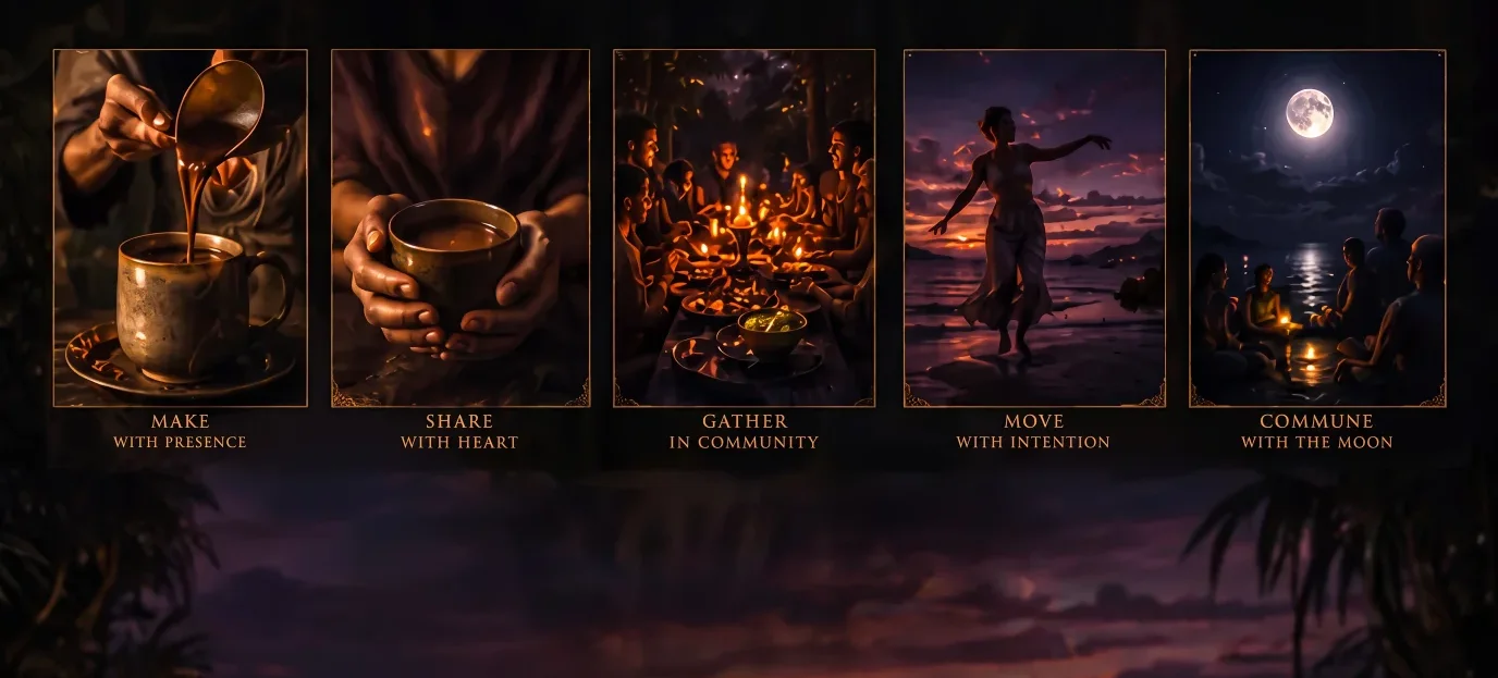 Five Dreamscape ritual scenes: Make, Share, Gather, Move and Commune.