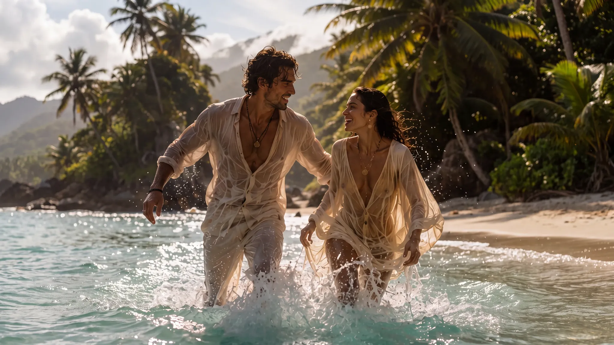 Couple moving together through shallow water