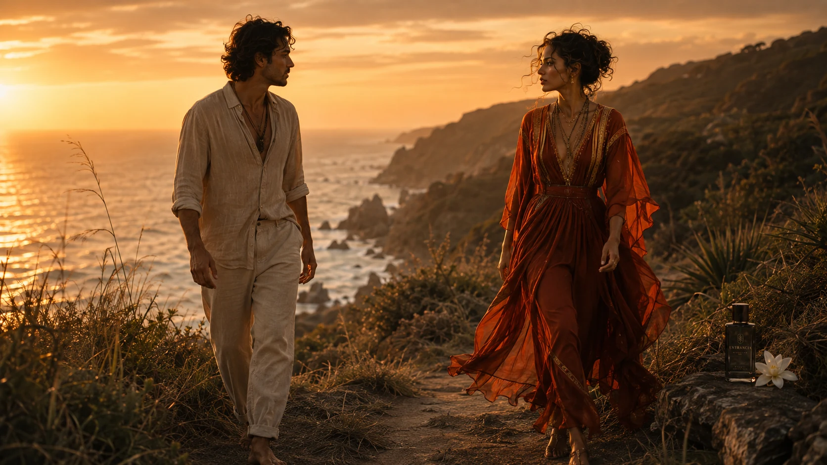 Two figures meeting on a warm coastal path