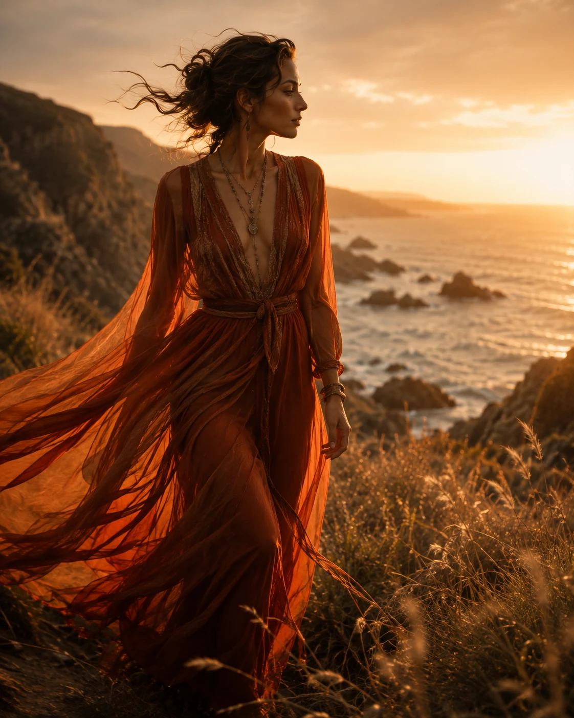 Flowing red-gold Entrancia fashion against the sea