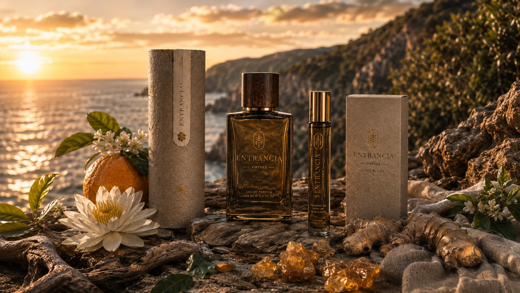 Entrancia Islands fragrance line arranged with botanical materials at sunset