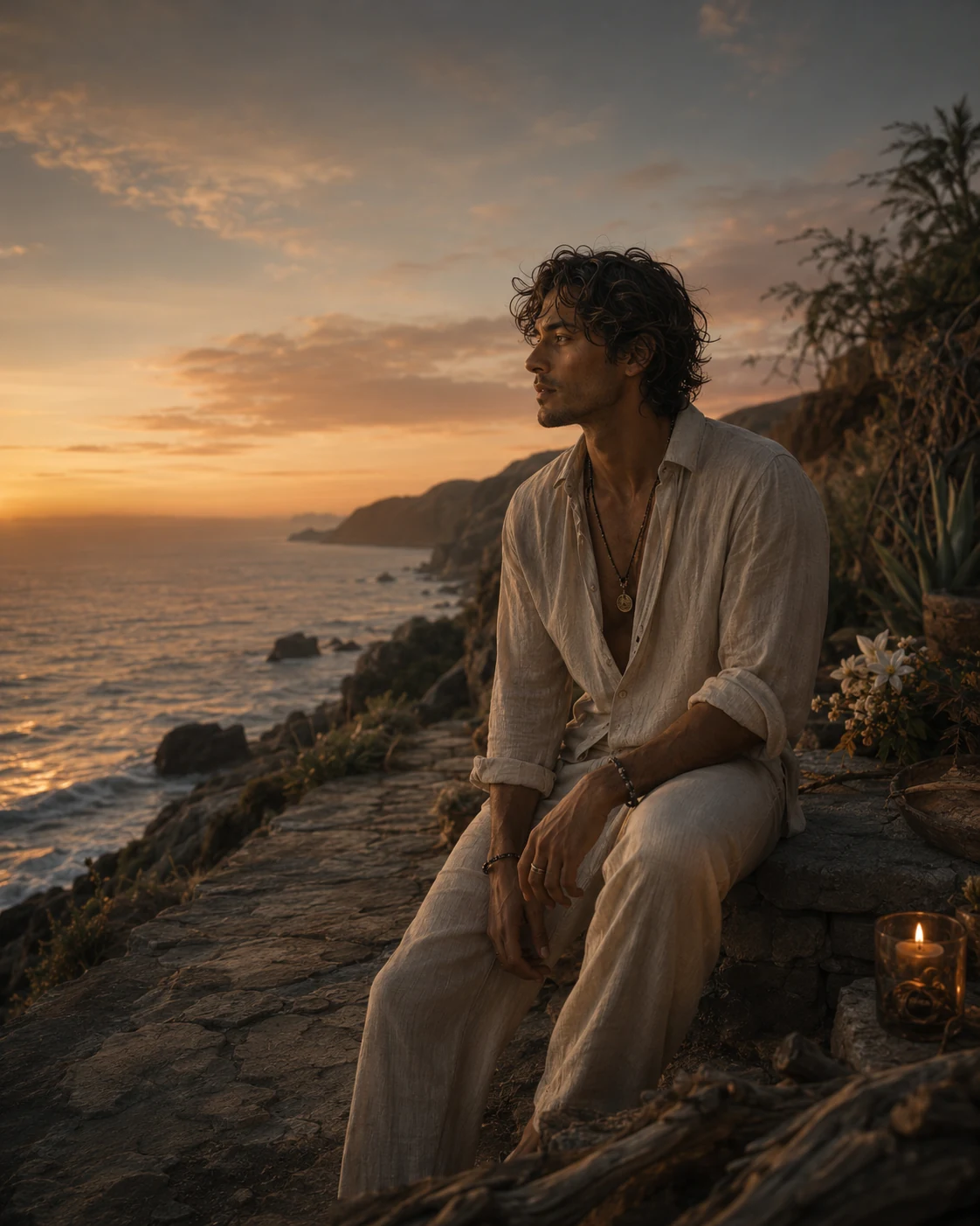 Man resting quietly beside the sea at dusk