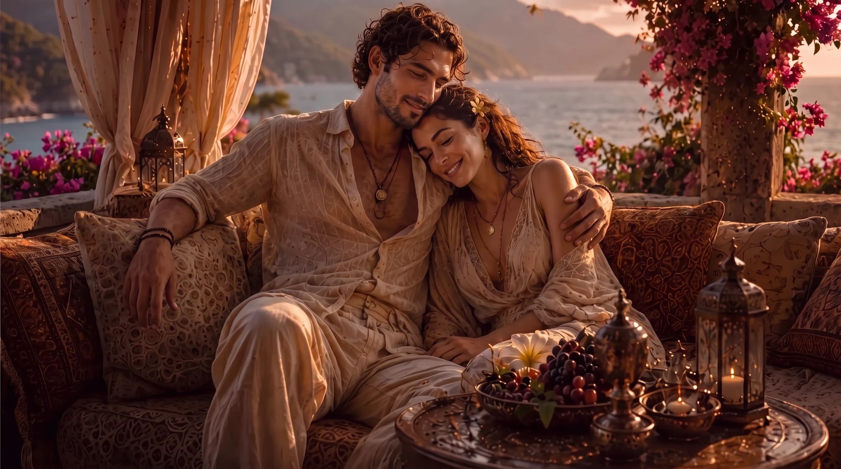 Relaxed couple sharing a settled terrace moment