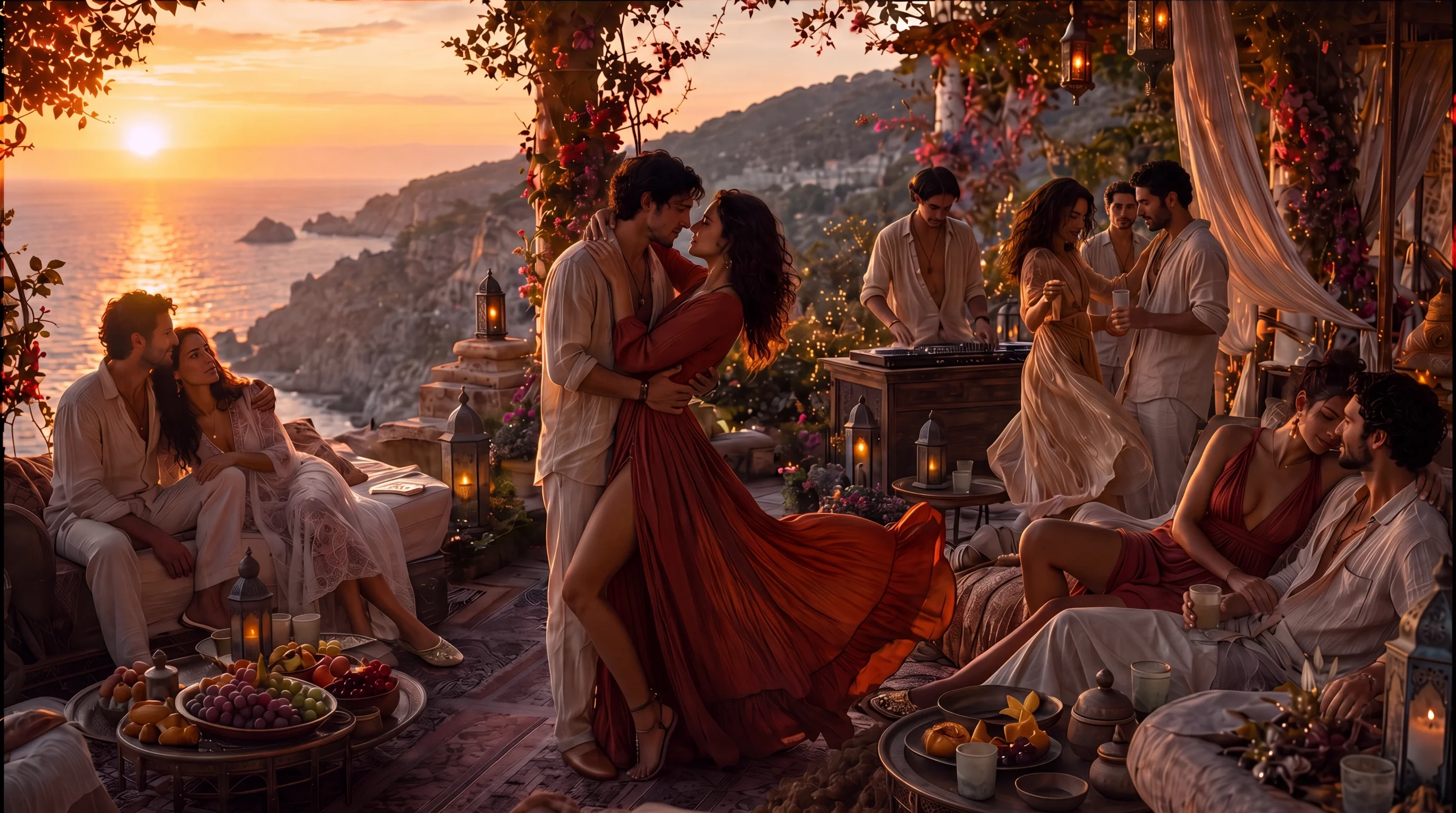 Friends, music and couples gathered on a warm coastal terrace at sunset
