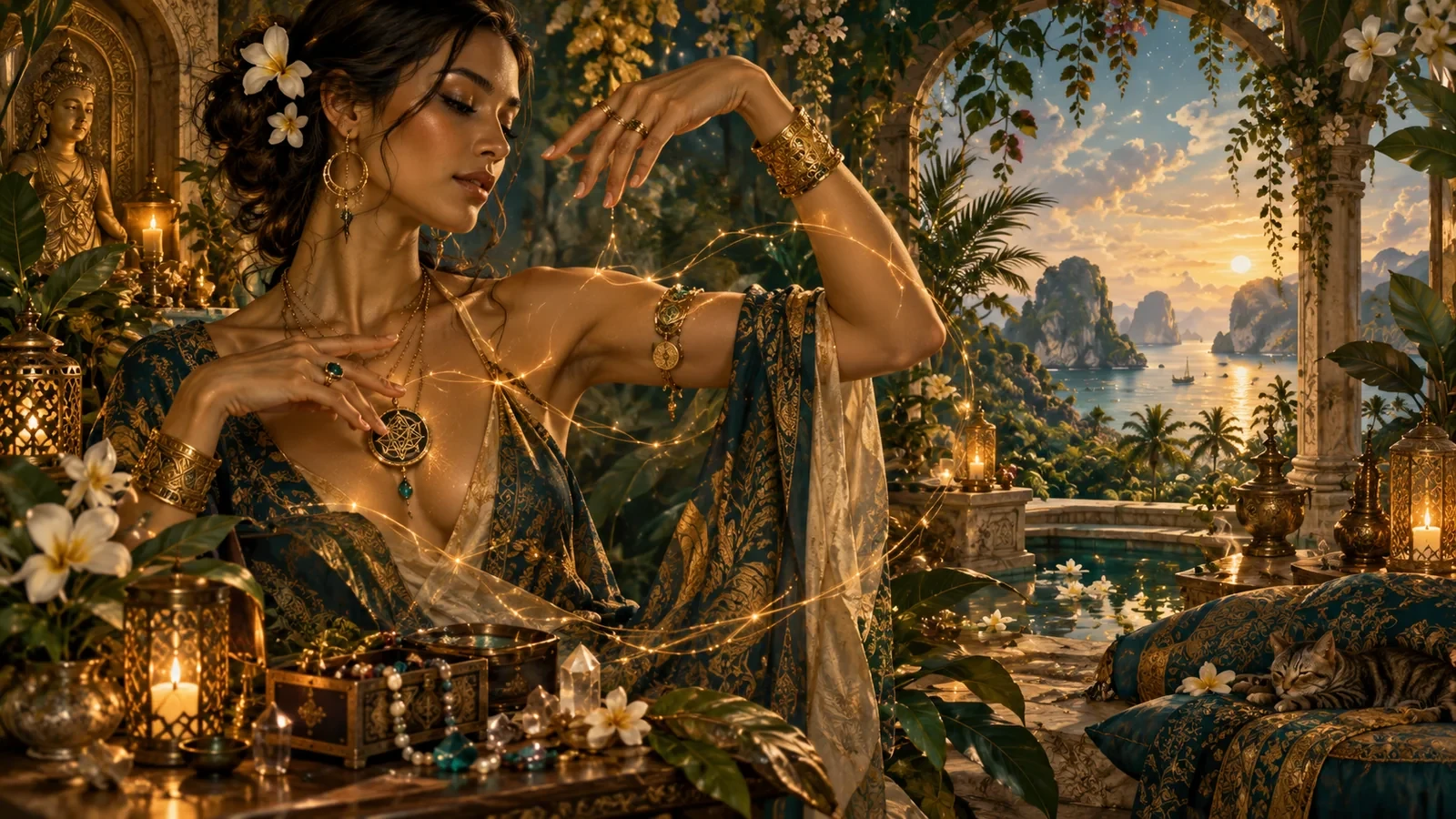 A lush Mystery Rites chamber of talismanic gesture, flowers, candlelight and a radiant island world.